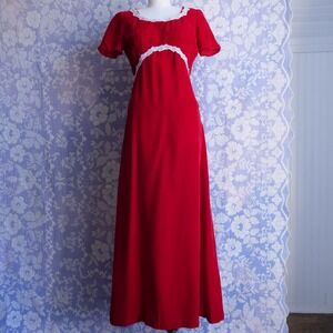 70's handmade red velvet and floral lace maxi dress